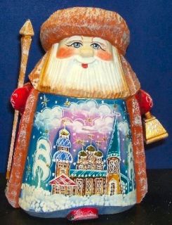  Hand Carved Wood Santa with Painted Churches Christmas Figurine