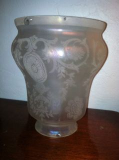 Vintage Gas Oil Kero Lamp Glass Shade Etched Irridescent Flowers 2 25