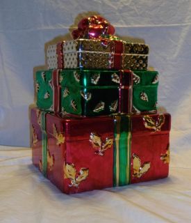 Porcelain Christmas Gift Box 10 Cookie Jar Painted Metallic New Old