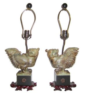 Pair Figural Chimera Carved Jade Stone Table Lamps