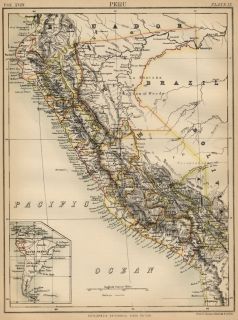 Peru Authentic 1889 Map showing Cities; Ports; Mountains General