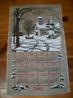 Fabric Calendar 1980 Church Snow Textile Horse Sled