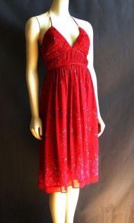 BCBG Max and Cleo Red Silk Chiffon Floral Print Halter Sun Dress 2 XS