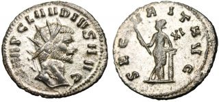 VF Silvered Claudius II Gothicus Ant Securitas Leaning on Column