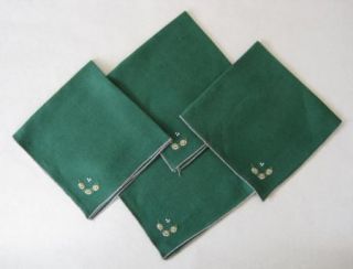 Set of 4 Green Linen Embroidered Cloth Napkins Daisy Daisies Design