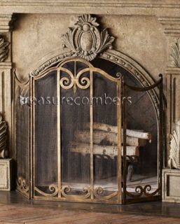 Classic Fireplace Screen Gold Iron 3 Panel Mesh Backing Horchow