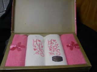 Vintage 50s His Hers Pink Guest Hand Towel Wash Cloth Set Bridal Gift