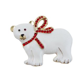 Polar Bear Christmas Pin Pendant Brooch Jeweled Ribbon White Red New