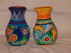 Mexican Amate Style Folk Art Painted Clay Pottery Vase