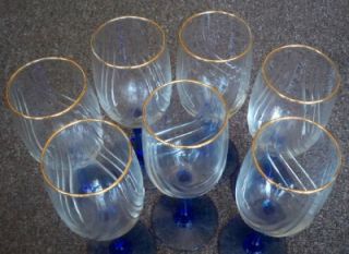set of 7 vintage blue stem cobalt wine glasses gold rim goblets no