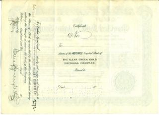 Clear Creek Gold Dredging Co Colorado Stock Certificate