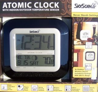 New SkyScan Atomic Digital Clock Indoor Outdoor Wireless Black Temp