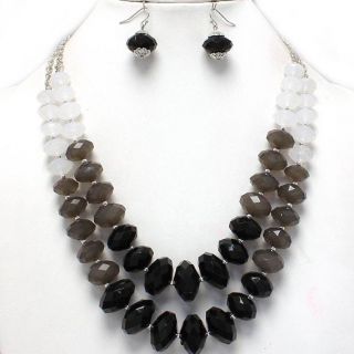 Chunky Layered Black White Silver Bead Earrings Necklace Set Costume