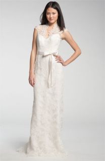 Theia Lace Overlay Cap Sleeve Gown