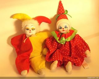 Thailand Made 9 Cloth Fabric Clowns with Porcelain Faces A