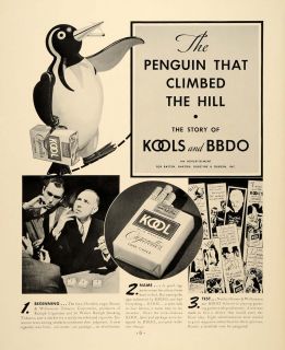 1937 Ad Kool Menthol Cigarettes Carton Smoking Penguin   ORIGINAL