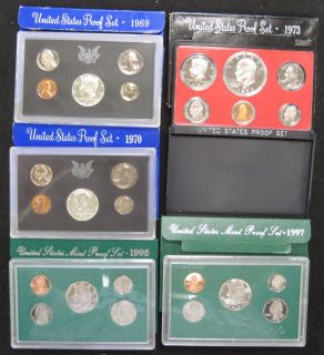 LOT OF (5) COMPLETE U.S. MINT PROOF COIN SETS IN OGP 1969, 70, 73, 95