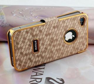 New Deluxe Leather Gold Frame Clam Case Cover for Apple iPhone4 4G 4S