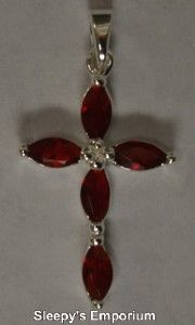 Garnet Stone Cross Shaped Cluters Sterling Silver Pendant Brand New