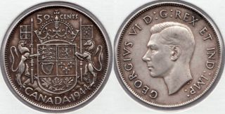 1944 Canada 50c Silver Coin ~ George VI ~ #7 Dark Tone