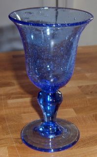 Cobalt Blue Hand Blown Glass Goblet Wine Stem Big Bubbles Flare Bowl