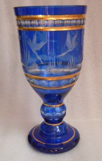 Cobalt Blue Scenic Cut Glass Chalis Vase Water Birds