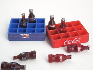 Lot 2 Dollhouse Miniatures Drink Coke Pepsi Tray Bottle