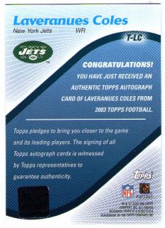 Laveranues Coles Topps 2003 Autograph Signed Auto on Card NY Jets
