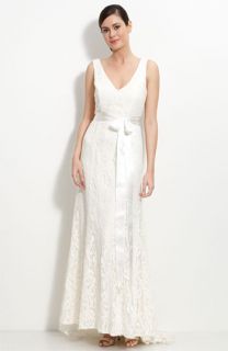 Dessy Collection Lace Overlay V Neck Gown