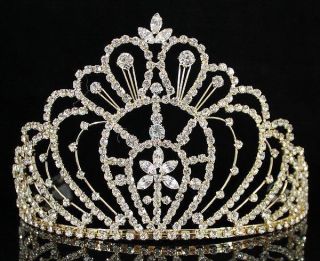  Crystal Crown Tiara w Combs Pageant Prom Bridal H469 Gold
