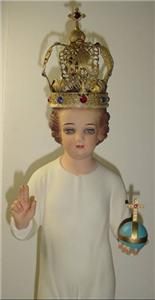 Convent Vintage Chalkware Glass Eyes Dressed Infant of Prague 26 Tall