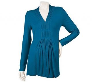 Motto Long Sleeve V neck Pleated Front Knit Tunic —