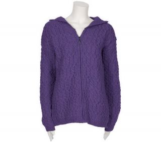 Aran Craft Merino Wool Aran Stitch Zip Front Hooded Sweater — 