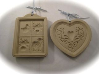 Set of Two Stoneware Cookie Molds Heart, Barnyard Farm Animals Design