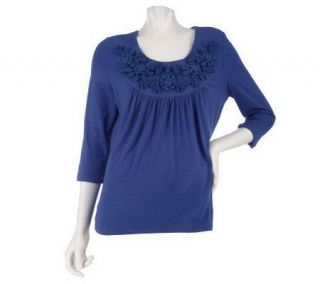 Motto 3/4 Sleeve Scoopneck Knit Top w/ Chiffon Flowers —