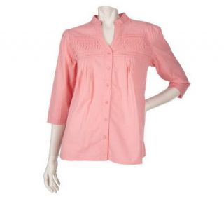 Denim & Co. Pleated Split Neck Mandarin Collar Shirt —