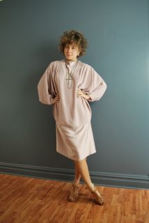 Vintage 80s M L XL Pink Draped Cocoon Dolman Batwing Sleeve MIDI Dress