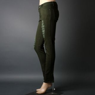 Women Olive Green Destroyed Straight Leg Skinny Colored Denim Jean