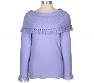 Susan Graver Plush Knit Fringed Cowl Neck Sweater —