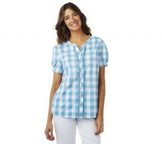 Denim & Co. Short Sleeve V neck Plaid Woven Shirt —
