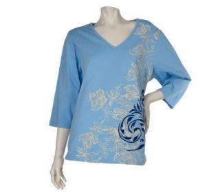 Denim & Co. Floral Print Stretch V Neck Tunic with Embroidery