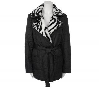 Dennis Basso Fully Lined Quilted Jacket w/ Zebra Print Faux Fur Trim 