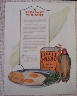 Mazola Cooking Oil Indian Corn Girl Antique Old Ad 1925