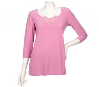Effortless Style by Citiknits V neck Knit Top with Lace Inset