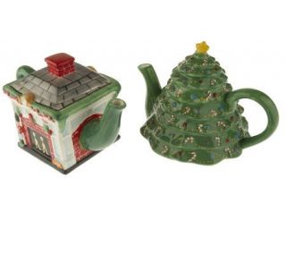 Holiday Tree and Chimney Handpainted Teapot Set by Valerie —