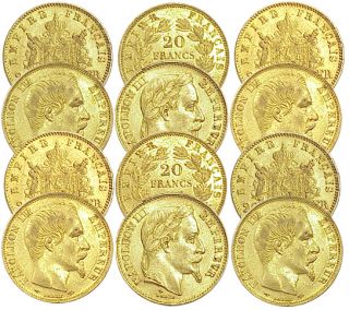 12 A UNC 20 Franc Gold French Napoleon Coins 1855 69