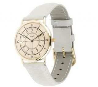 Vicence Round Case Leather Strap Watch 14K Gold —