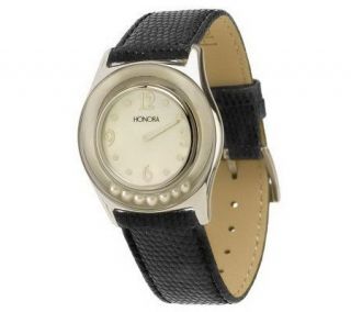 Honora Cultured Pearl Leather Strap Watch w/ Mother of Pearl Dial 