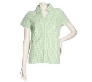 Denim & Co. Stretch Short Sleeve Seersucker Gingham Shirt —