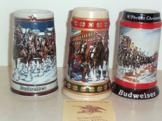 Lot of 3 Budweiser Holiday Stein Collection 1989 92 93 Barware Mugs